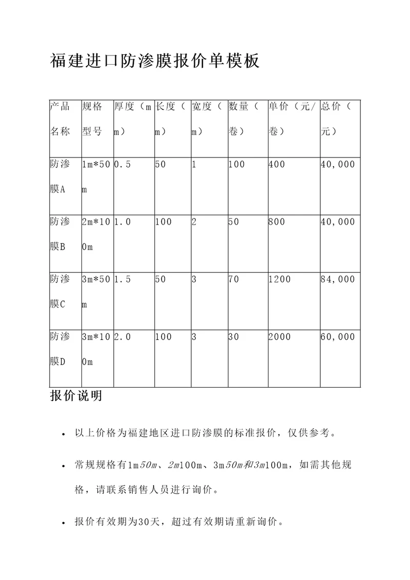 福建进口防渗膜报价单