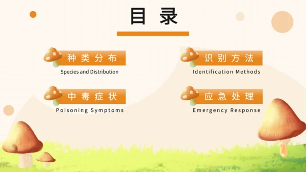 橙色卡通风毒蘑菇识别与误食应急处理PPT