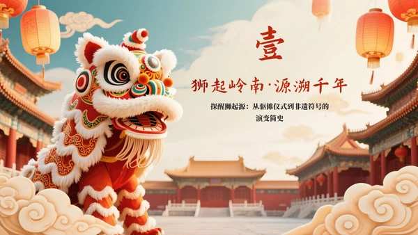 新中式中国风传统文化醒狮科普主题班会PPT模板