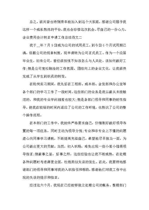企业费用会计转正申请工作总结