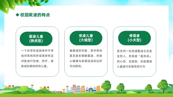 绿色卡通儿童中小学预防校园欺凌校园暴力校园霸凌家长会PPT