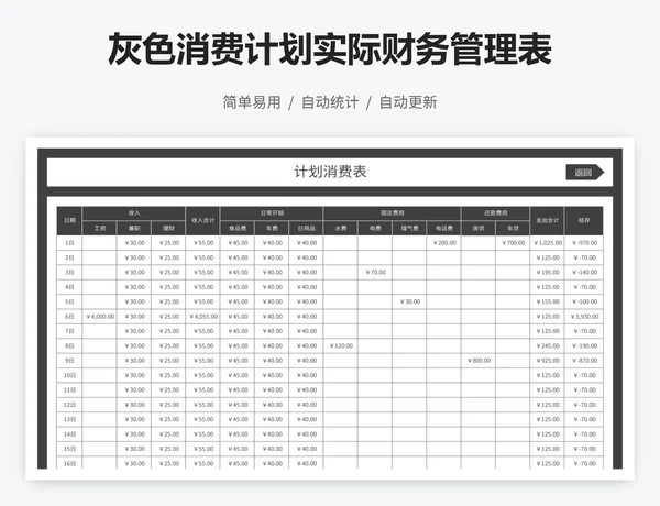 灰色消费计划实际财务管理表