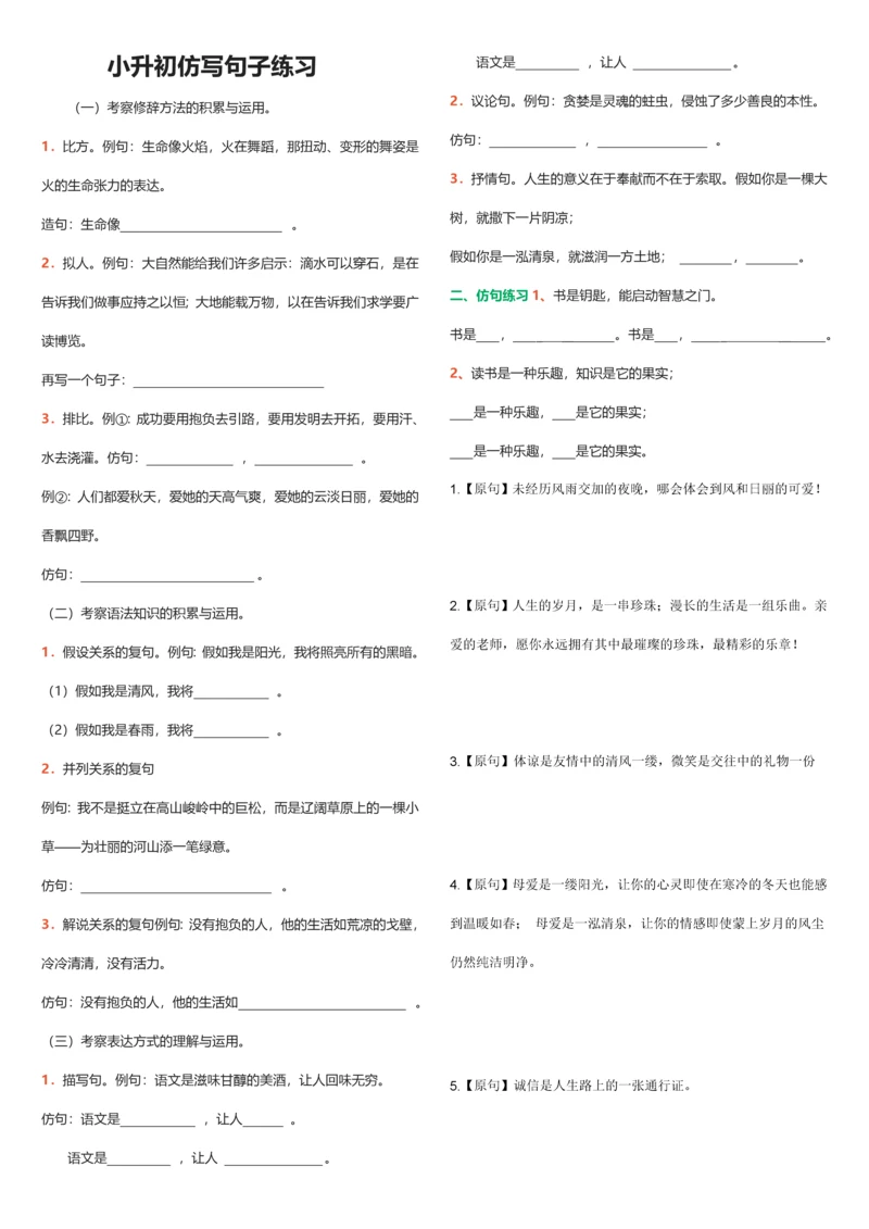 2023年小升初仿写句子练习题.docx