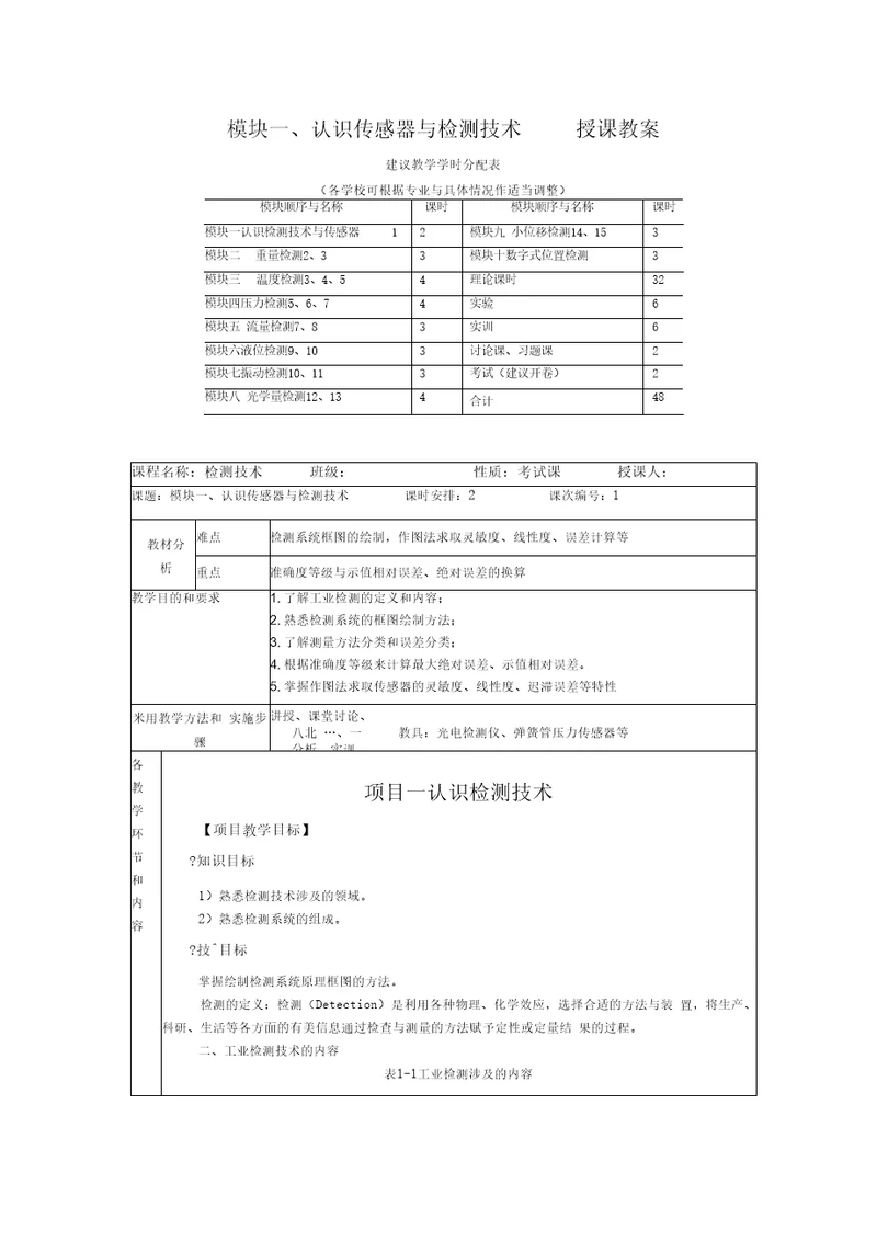 1模块一教案认识传感器与检测技术传感器与检测技术项目教程梁森授课教案