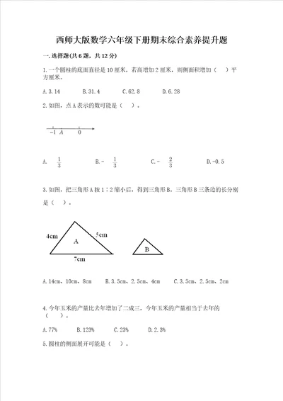 西师大版数学六年级下册期末综合素养提升题全优