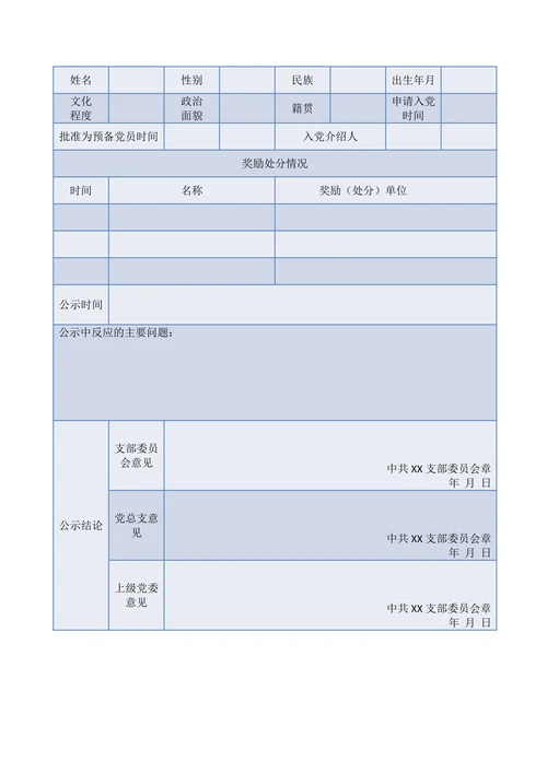预备党员转正公示情况登记表