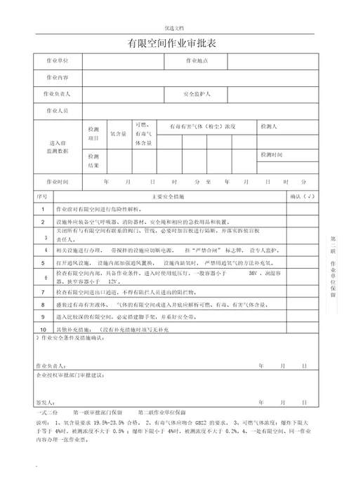 有限空间作业审批表标准