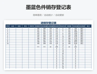 墨蓝色件销存登记表