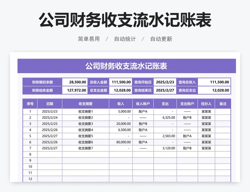 公司财务收支流水记账表