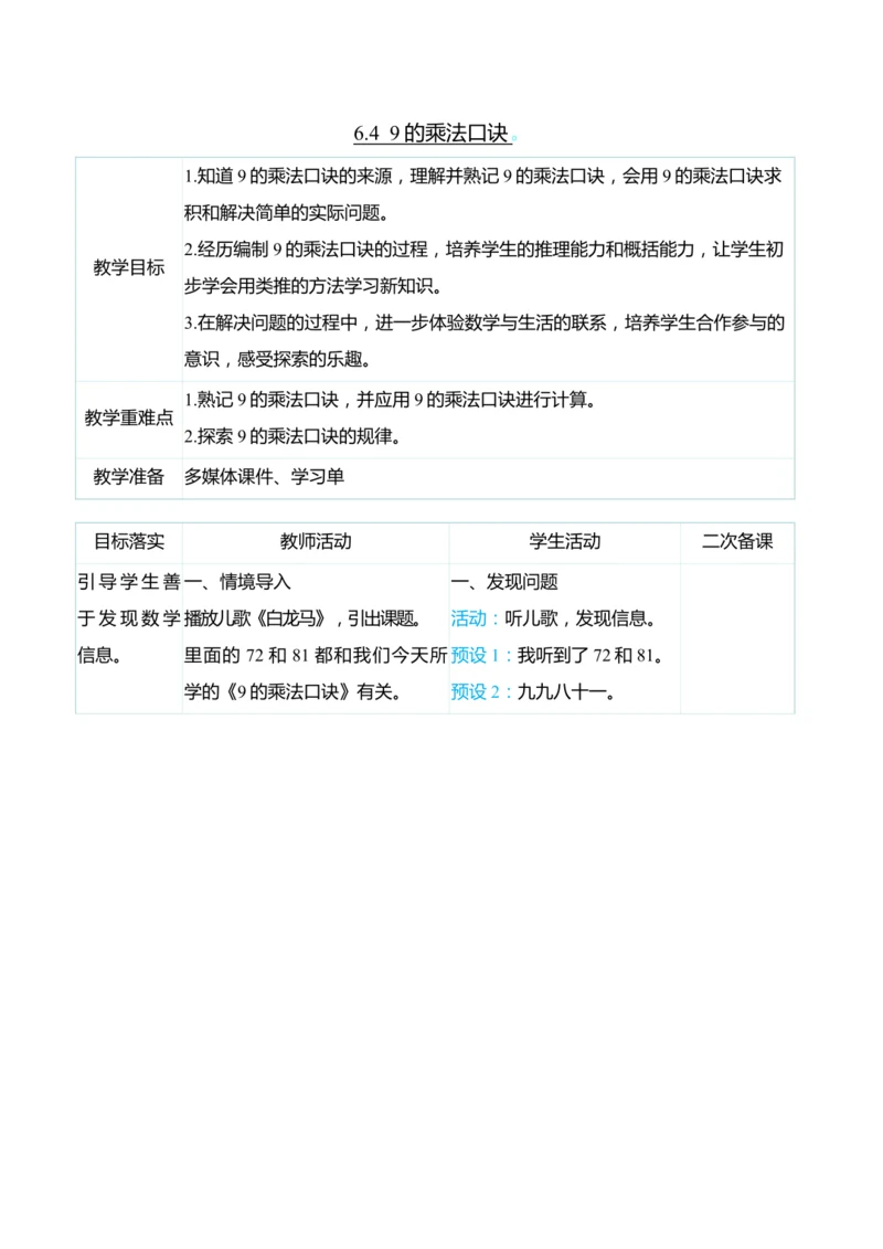 （大单元整体教学）6.4  9的乘法口诀（表格式）教学设计
