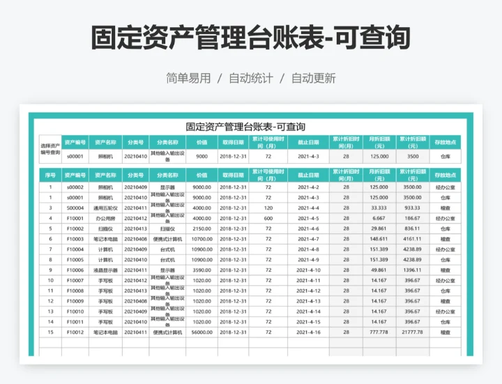 固定资产管理台账表-可查询
