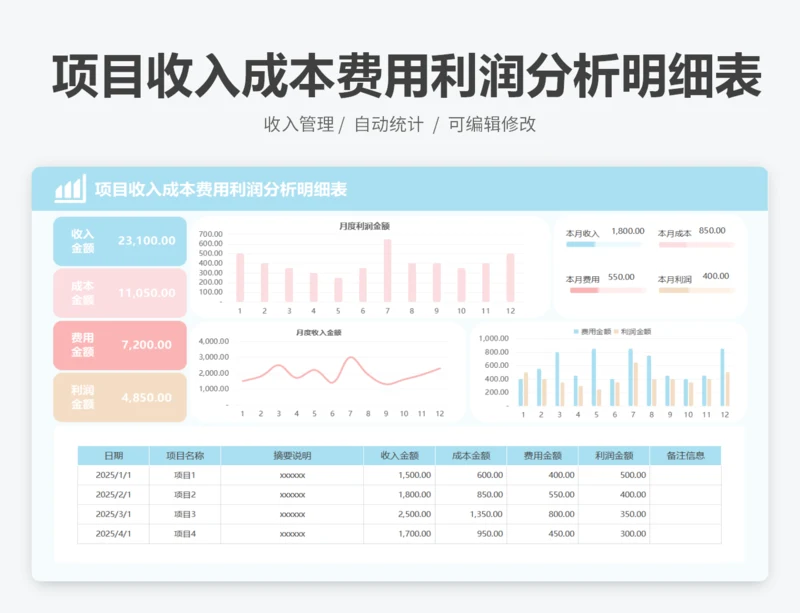 项目收入成本费用利润分析明细表