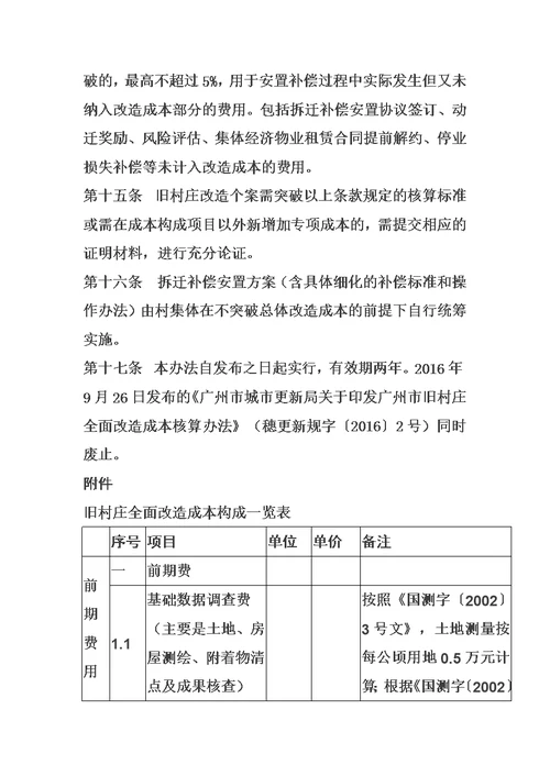 广州市2018年旧村庄改造成本核算办法