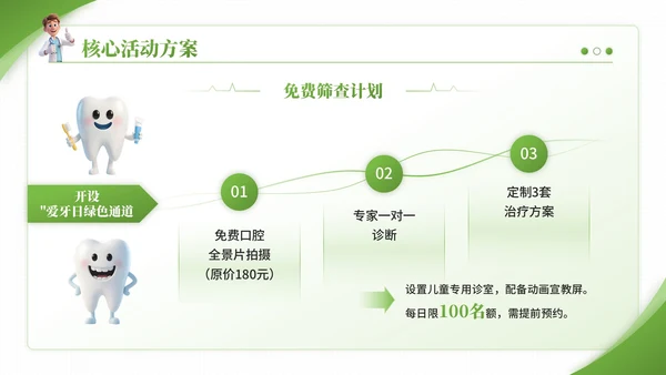 绿色3D卡通风爱牙日口腔诊所宣传活动PPT模板