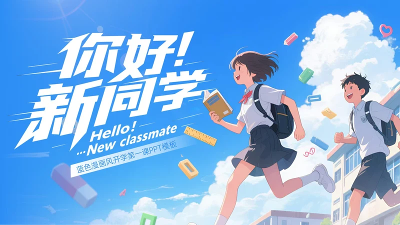 蓝白色漫画风开学第一课PPT模板