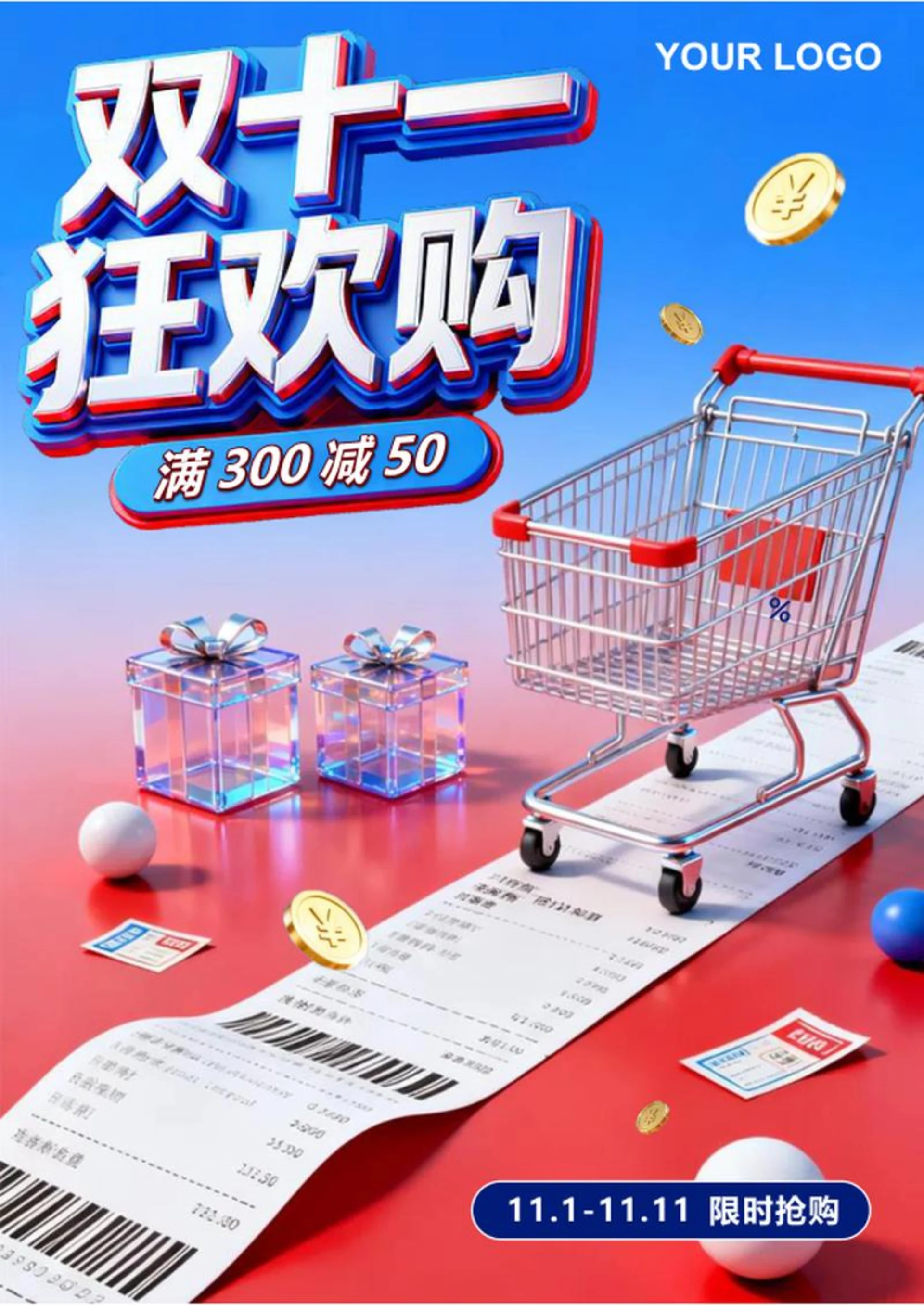 蓝红拼色渐变3D风双十一电商营销活动海报