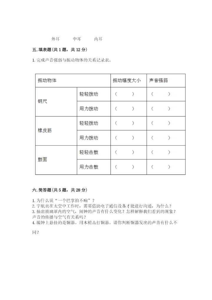 教科版科学四年级上册第一单元声音测试卷含答案（研优卷）.docx