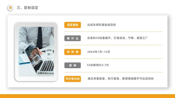 橙色5S改善报告管理工作总结经营分析表格PPT模板质量管理