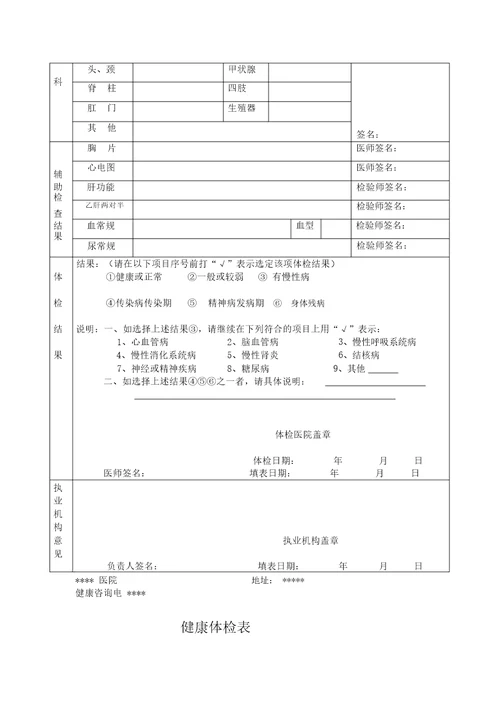 人民医院健康体检表全面版1