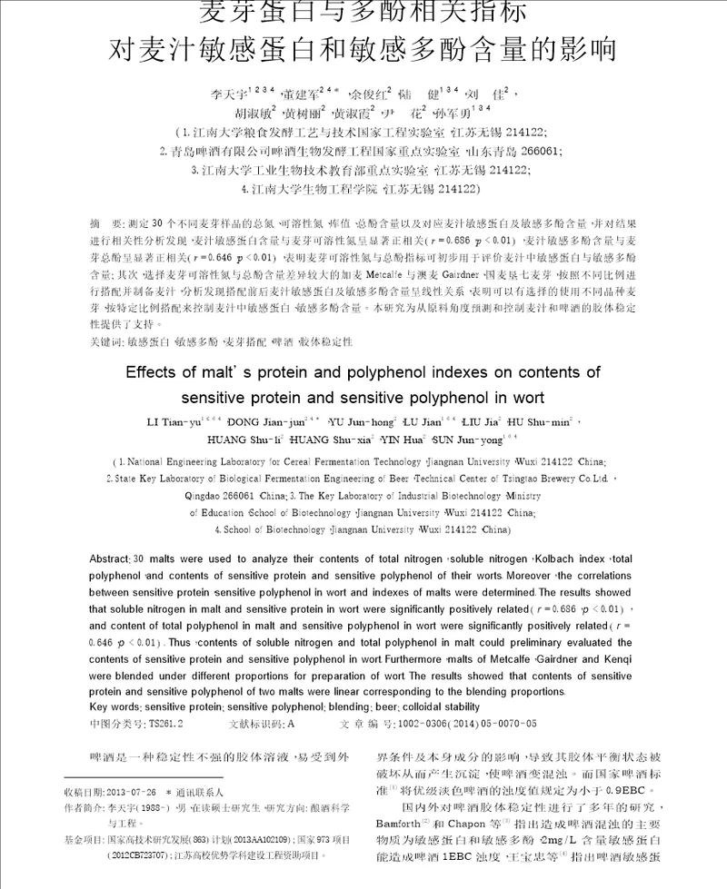 麦芽蛋白与多酚相关指标对麦汁敏感蛋白和敏感多酚含量的影响