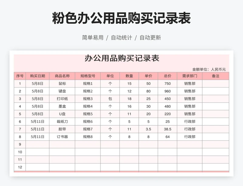粉色办公用品购买记录表