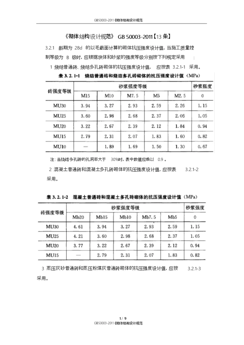 GB500032011砌体结构设计规范
