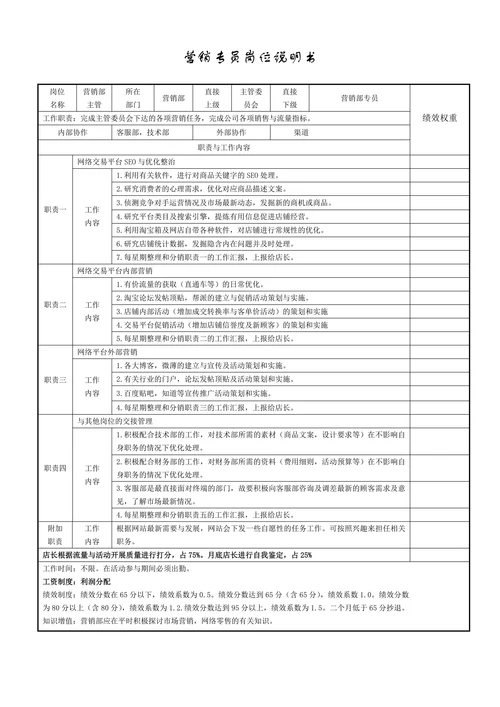 电商各岗位工作职责及KPI绩效考核表
