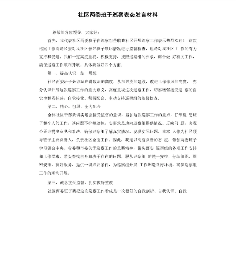 社区两委班子巡察表态发言材料