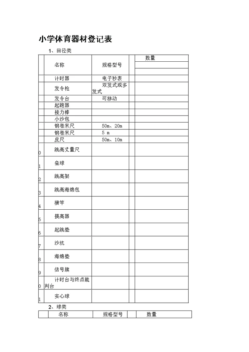 小学体育器材登记表