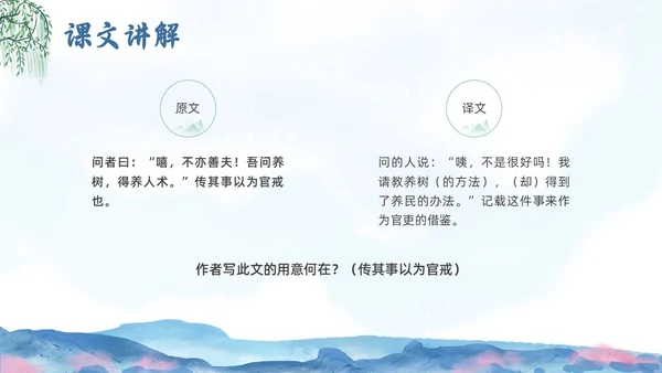 蓝色水墨水彩清明种树郭橐驼传PPT课件