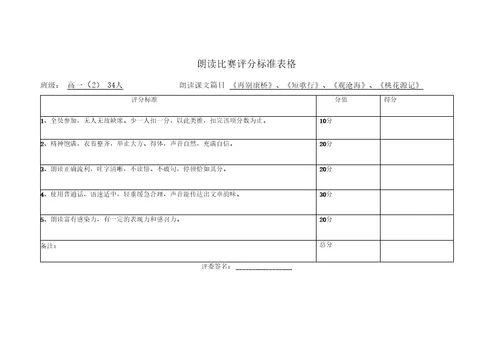 朗读比赛评分标准表格