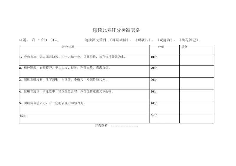 朗读比赛评分标准表格