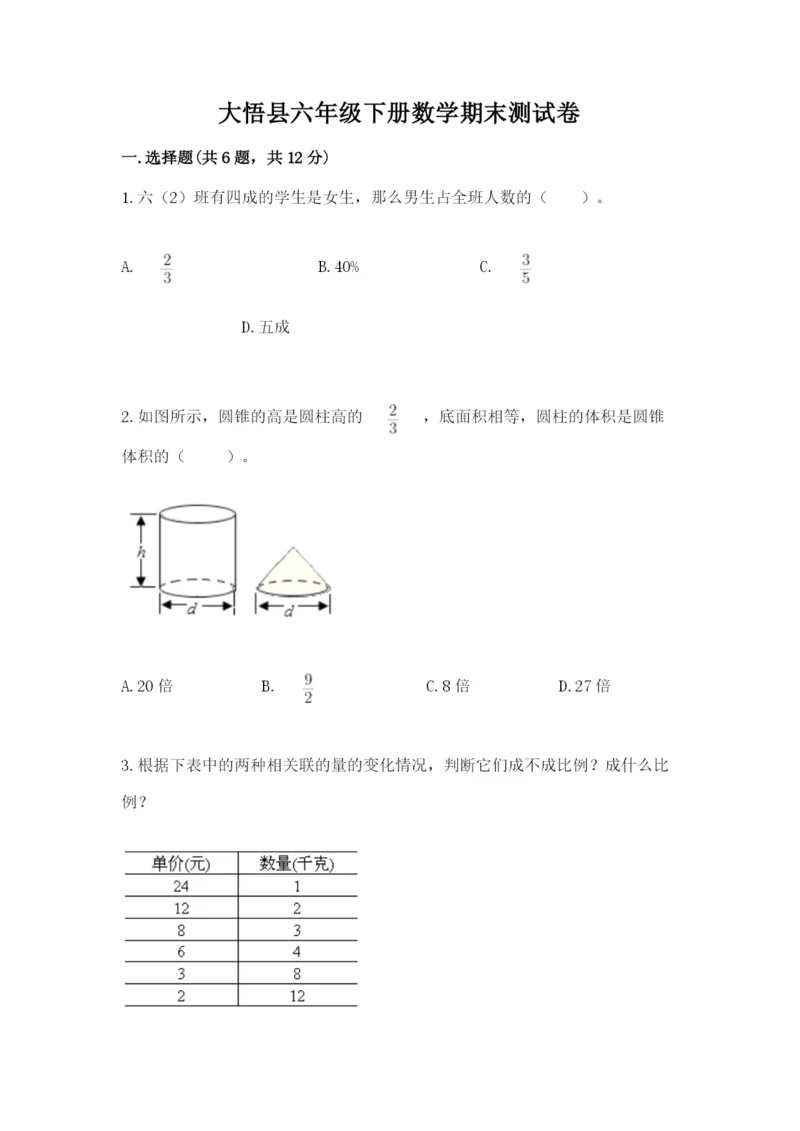 大悟县六年级下册数学期末测试卷精品带答案.docx