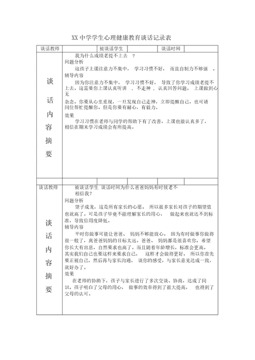 学生心理健康教育谈话记录表