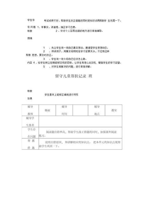 小学留守儿童帮扶记录表