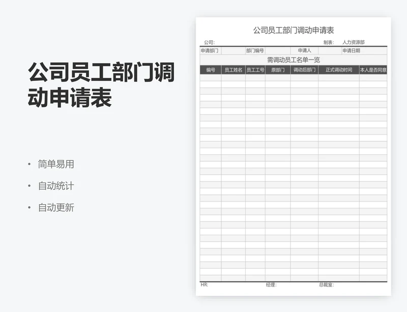 公司员工部门调动申请表