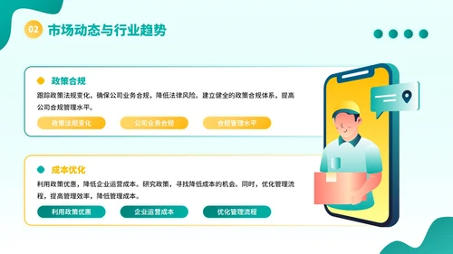 黄绿色插画风物流企业员工年中总结PPT模板