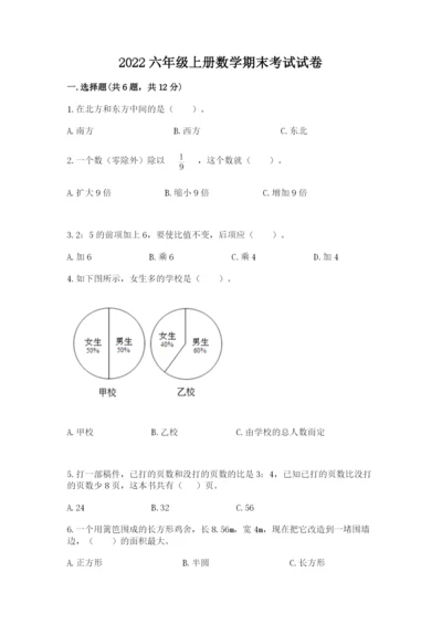 2022六年级上册数学期末考试试卷含完整答案（易错题）.docx