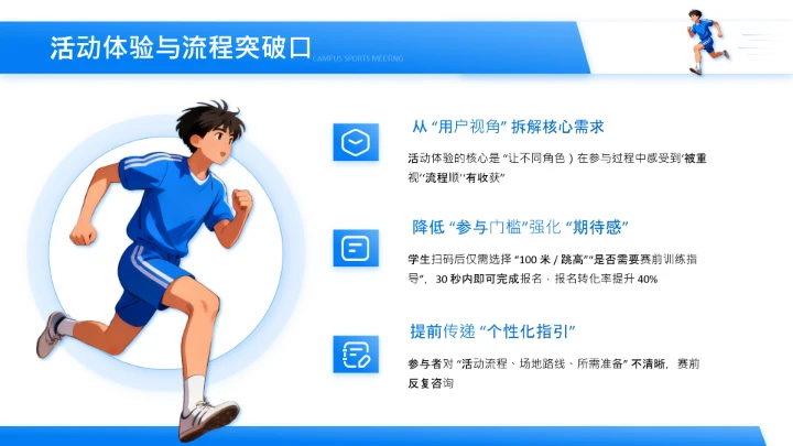 蓝色插画风校园运动会活动方案复盘PPT模板