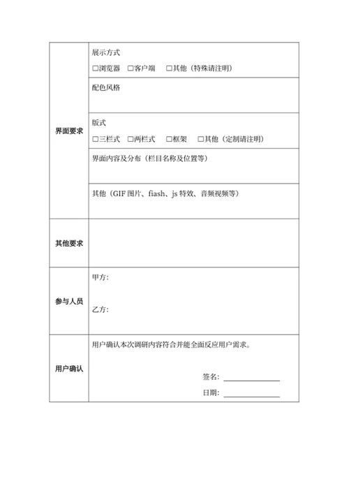 xxx项目需求调研表