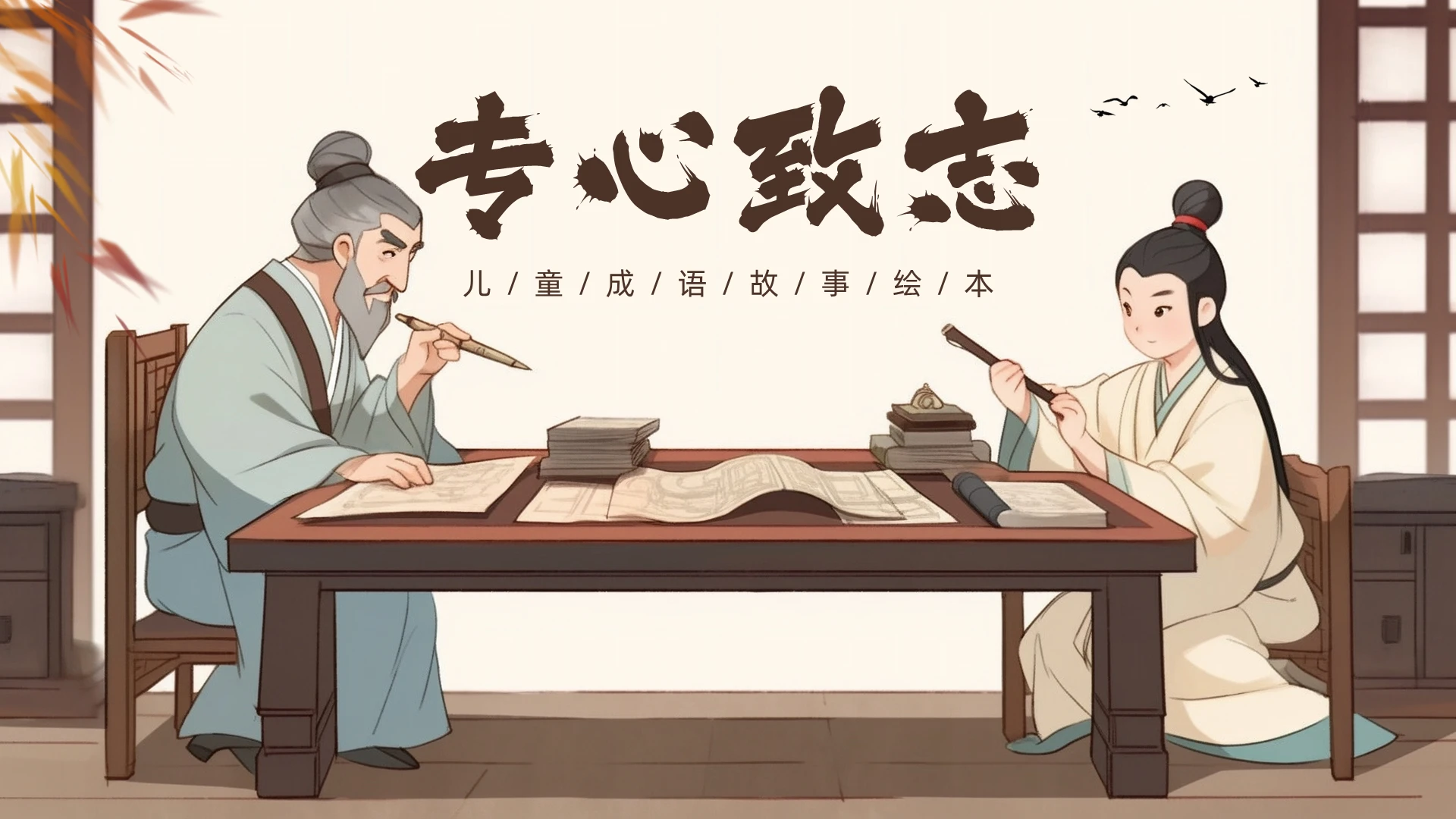 棕色中国风专心致志儿童绘本PPT模板成语故事