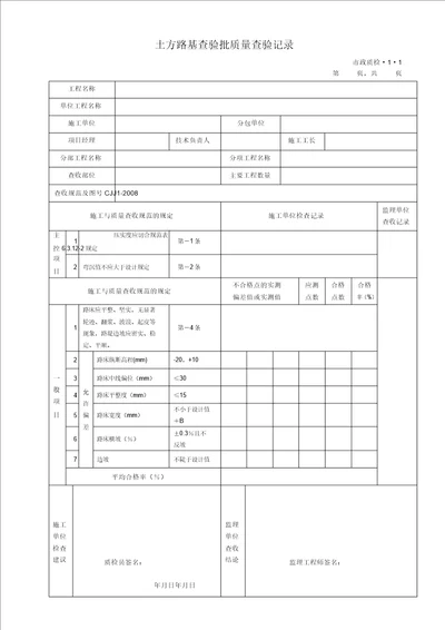 完整版城镇道路工程CJJ12008检验批质量检验记录表格