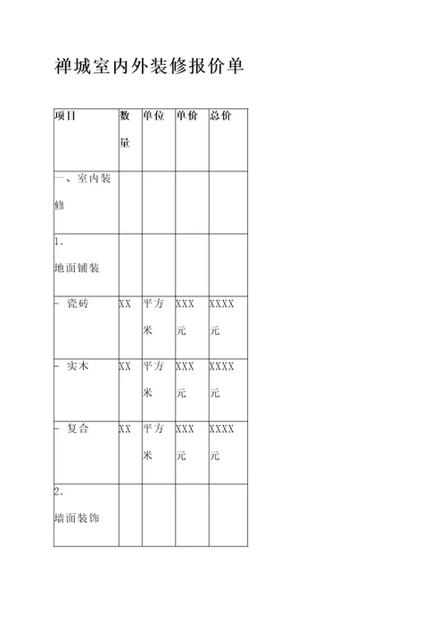 禅城室内外装修报价单