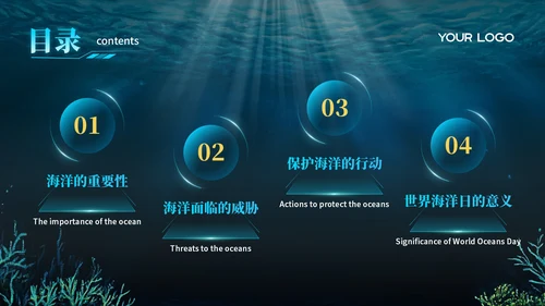蓝色科技风世界海洋日PPT模版