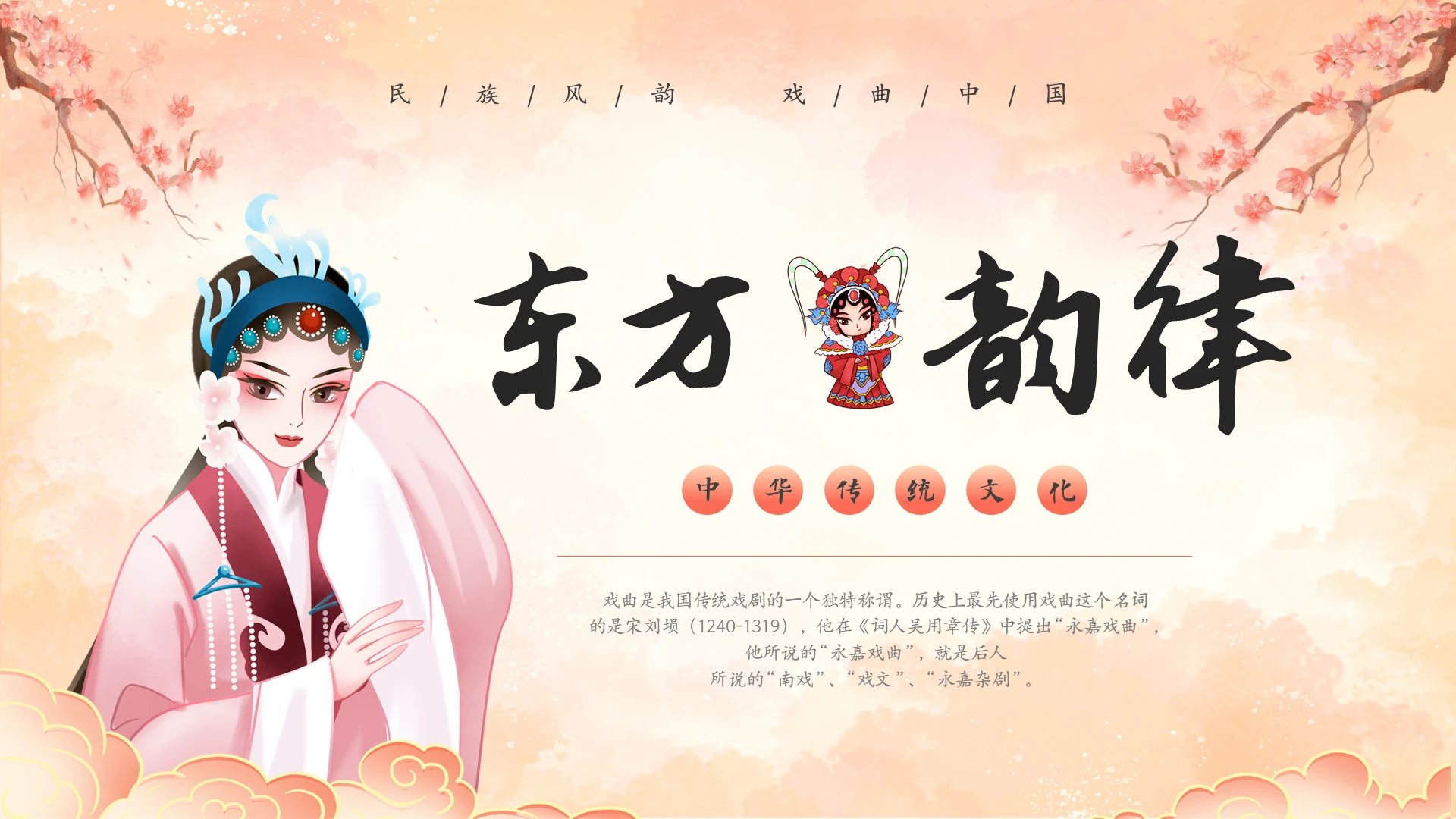 粉色中国风视频片头中国传统文化戏曲文化知识宣传PPT
