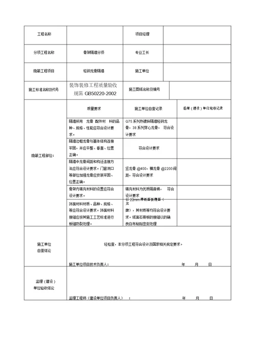 装饰装修隐蔽工程验收记录表(全套范例)