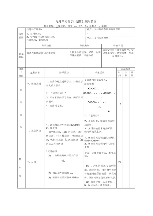 初中体育足球课教案全