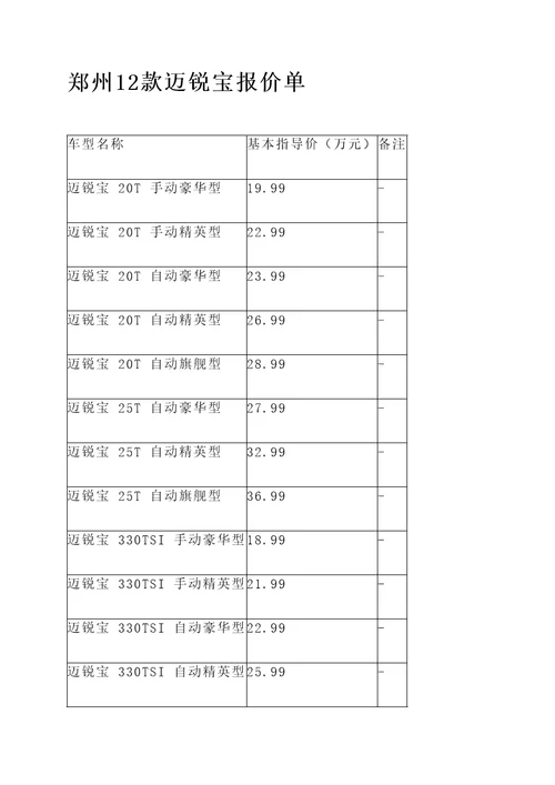 郑州12款迈锐宝报价单