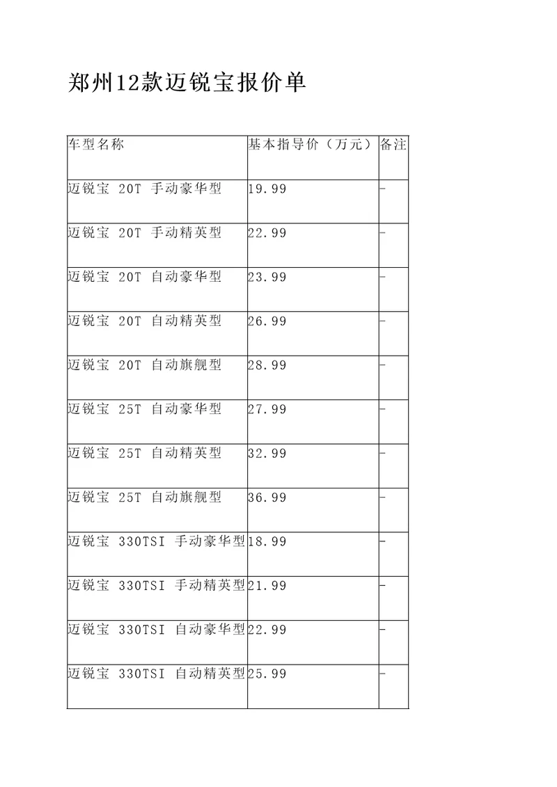 郑州12款迈锐宝报价单