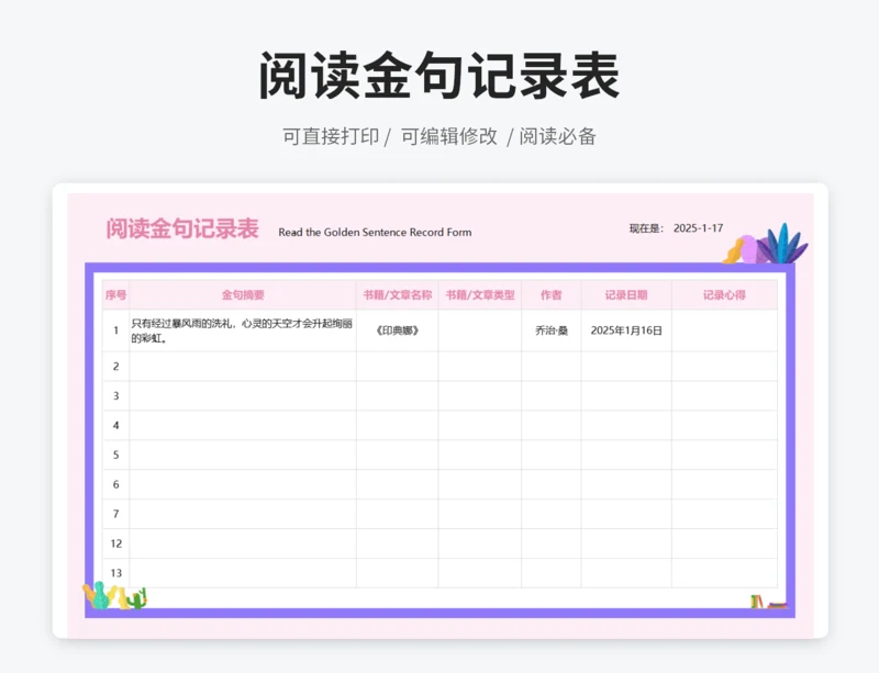 阅读金句记录表